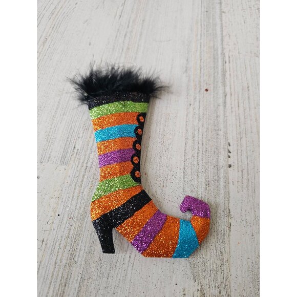 Pier 1 striped witch boot glitter ornament Halloween Xmas tree - Picture 1 of 7